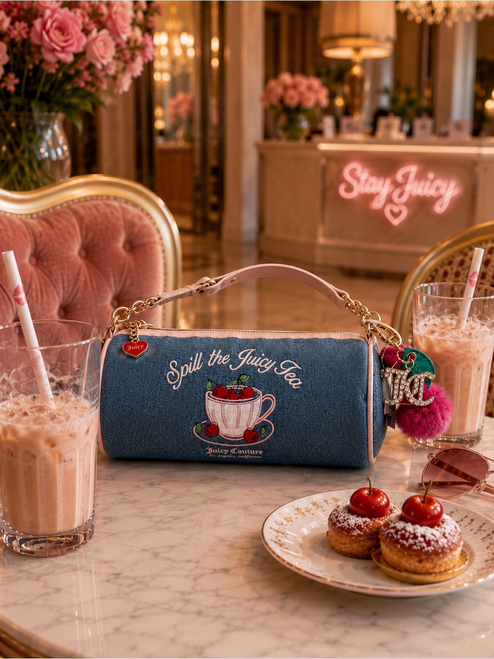 🍒 Juicy Couture Sweet Tea Party in Denim barrel shoulder bag